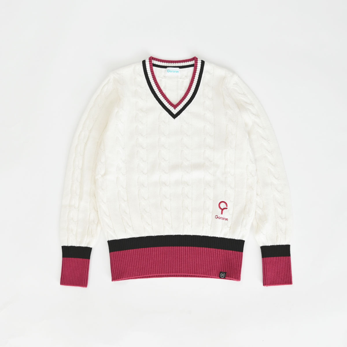 【gorurun ×  HESTA LIFE】ケーブルVネックニットセーター　レディース　アイボリー × チェリーピンク