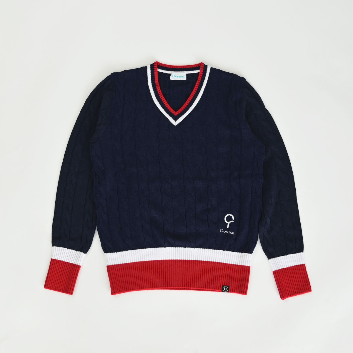 【gorurun ×  HESTA LIFE】ケーブルVネックニットセーター　レディース　インクブルー × レッド